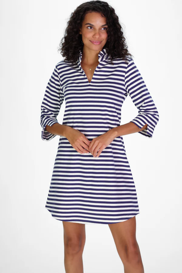French Terry Lillian Dress in Slate Stripe